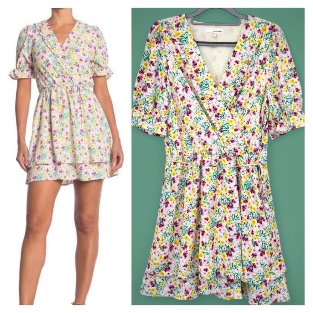 June & Hudson Floral Puff Sleeve Ruffle Faux Wrap Mini Dress Size M Pink Yellow